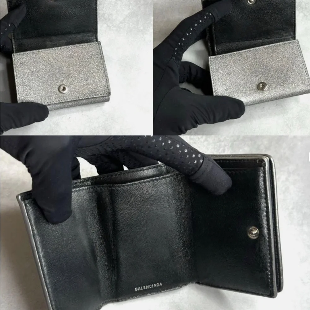 BALENCIAGA Silver/Gray Glitte Everyday Mini leather Wallet, EUC